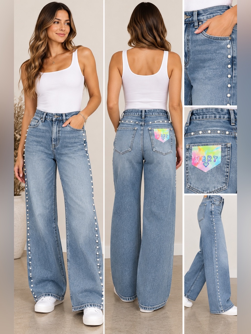 Vibrant Pearl Stud Wide Leg Jeans – Light Wash